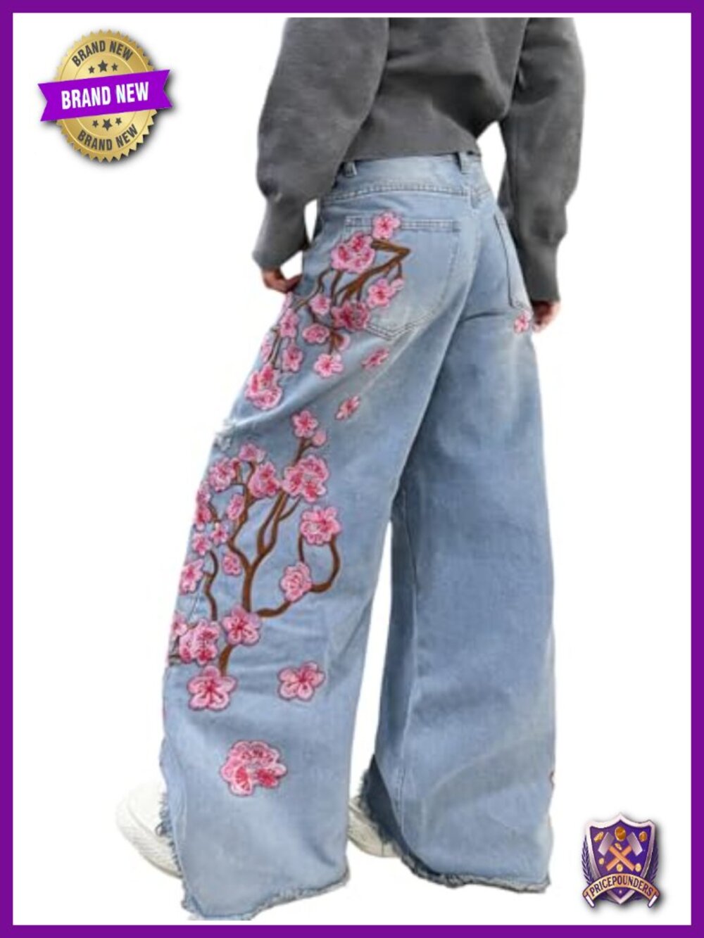 Women's Baggy Wide Leg Jeans Embroidered Denim Pants Streetwear
